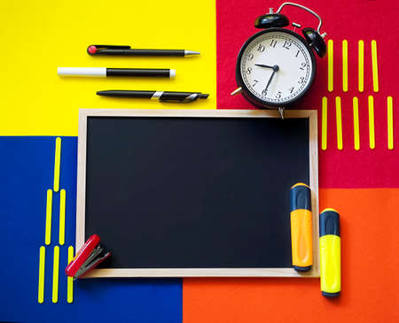 Blurred Concept Back To School Alarm Clock Color Chalk, Flat Lay
