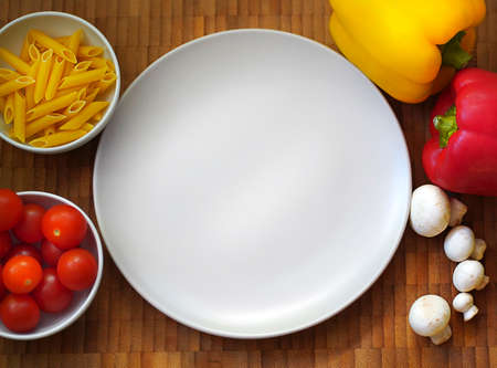 Cooking pasta, pasta, cherry tomatoes, bell peppers, mushrooms