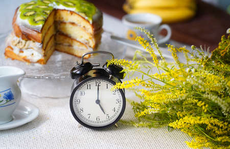 Blurred tea drinking composition. Summer concept.の写真素材