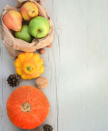 Festive autumn decor from pumpkins, squash, apples and pears on a white wooden background. Concept...