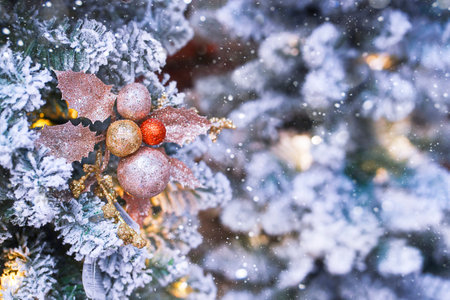 Blurred decorated christmas tree branches with Snow. High quality photoの写真素材
