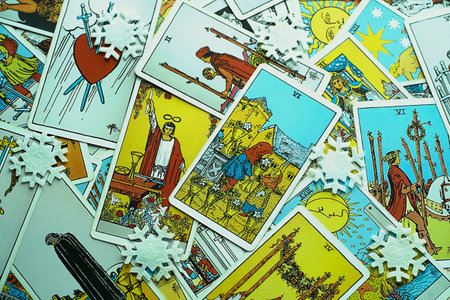 Blurred pile of tarot trump cards jumbled, scattered and haphazardly arranged. ... High quality...