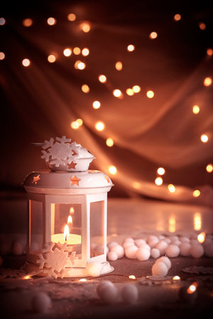 Blurred Lantern with Lit Candle and Christmas Decorations with Copy Space. High quality photoの写真素材