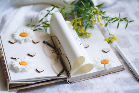 Blurred Cozy composition with daisies chamomile with Copy space. High quality photoの写真素材