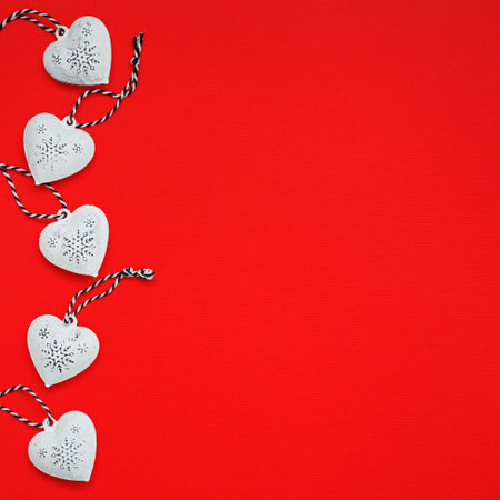 Valentine's Day Square concept with white hearts on red background. Flat lay, copy space. High...