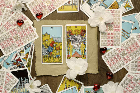 A pile of tarot trump cards jumbled, scattered and haphazardly arranged .. High quality photo