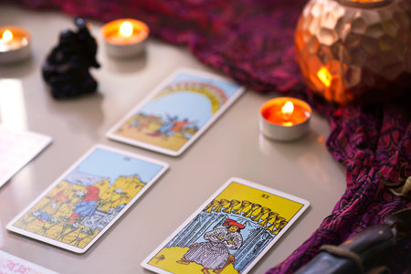 Blurred Ritual with tarot cards or fortune telling rite with occult and esoteric symbols. ... High quality photoのeditorial素材