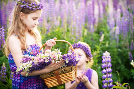 Two cute curly little girls, staying in sunset garden. Enjoy countryside summer, friendship, and happy childhood concept.の写真素材