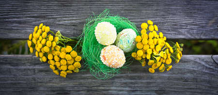 Mimosa and nest with eggs, Easter concept. High quality photo