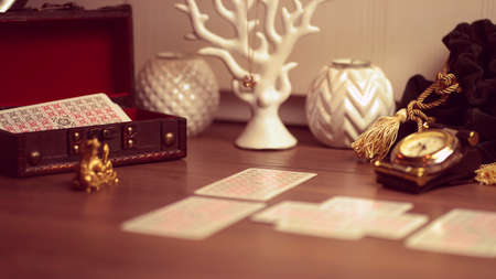 Fortune teller tarot cards on table. Forecasting concept. High quality photoのeditorial素材