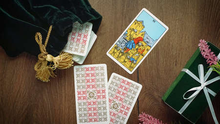 Fortune teller tarot cards on table. Forecasting concept. High quality photoのeditorial素材