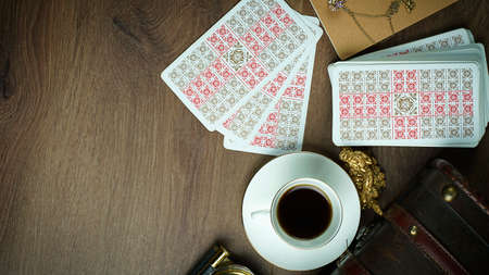 Fortune teller tarot cards on table. Forecasting concept. High quality photoのeditorial素材
