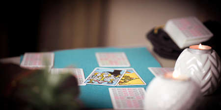 Blurred tarot card on the table. High quality photoのeditorial素材