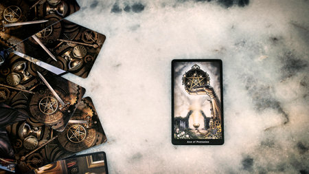 Tarot cards on the table. Fortune telling concept with occult and esoteric symbols. High quality...