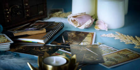 Tarot cards on the table, esoteric concept, fortune telling and predictions. High quality photoTarot cards on the table, esoteric concept, fortune telling and predictionsのeditorial素材