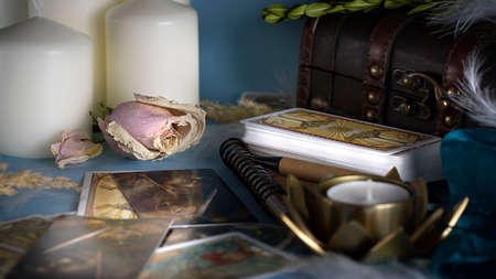 Tarot cards on the table, esoteric concept, fortune telling and predictions. High quality photoTarot cards on the table, esoteric concept, fortune telling and predictionsのeditorial素材