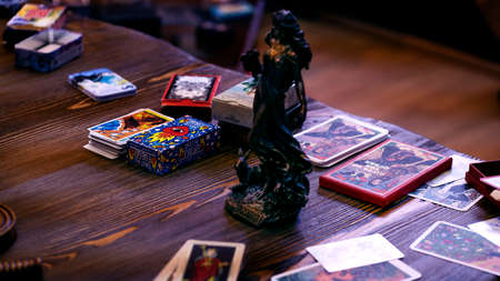 Tarot cards on the table, esoteric concept, fortune telling and predictions. High quality photoTarot cards on the table, esoteric concept, fortune telling and predictionsのeditorial素材