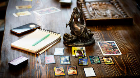 Tarot cards on the table, esoteric concept, fortune telling and predictions. High quality photoTarot cards on the table, esoteric concept, fortune telling and predictionsのeditorial素材