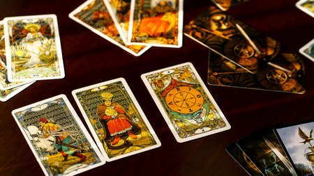 Moscow, Russia - JuLy 2021: View of tarot cards background, esoteric concept, fortune telling and predictions. High quality photoのeditorial素材