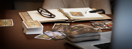 Tarot card reader arranges cards in a card spread. Fortune-telling on traditional tarot cards on the table. Selective focus, Moscow, Russia-June 2021.のeditorial素材