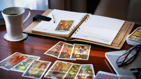 Tarot card reader arranges cards in a card spread. Fortune-telling on traditional tarot cards on the...