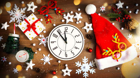 Christmas composition mad of Christmas decoration on Brown wooden background. Top view, flat lay. New Year concept. High quality photoの写真素材