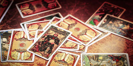 Moscow, Russia - JuLy 2021: View of tarot cards background, esoteric concept, fortune telling and predictions. High quality photoのeditorial素材