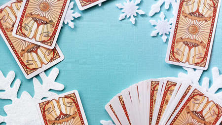 Tarot cards in Christmas decoration. Esoteric concept, fortune telling and predictions, Moscow,...