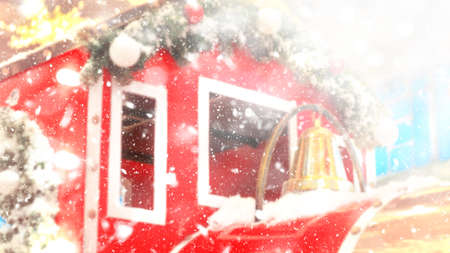 Blurred creative christmas background with christmas red train with decoration in Market. Decorative...