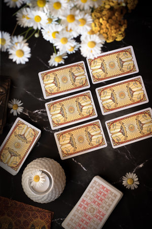 Woman makes a forecast of fate Tarot cards, Fortune telling esoteric tarot predictions background,...