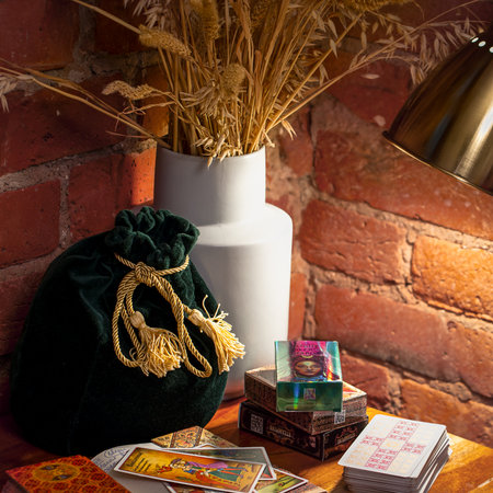 Blurred Tarot cards layout on witch table. Esoteric concept and astrology, Fortune telling tarot...
