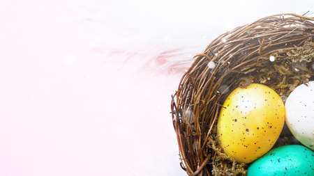 Easter composition with colorful Easter eggs in nest. Spring concept with copy space. . high quality photoの写真素材