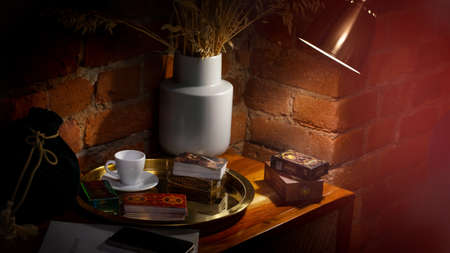 Blurred predictions background. Tarot cards layout on witch table. Esoteric concept and astrology,...