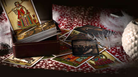 Blurred predictions background. Tarot cards layout on witch table. Esoteric concept and astrology, Fortune telling tarot. high quality photoのeditorial素材