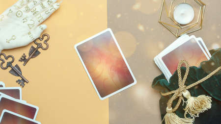 The concept of divination, magic and esotericism. Cards candle on Cartomancy and fortune telling table. high quality photoのeditorial素材