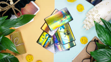The concept of divination, magic and esotericism. Cards candle on Cartomancy and fortune telling table. high quality photoのeditorial素材