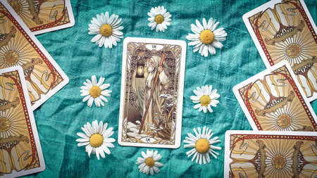 The Hermit, Esoteric concept and astrology, Fortune telling tarot predictions background, Tarot cards. high quality photoのeditorial素材