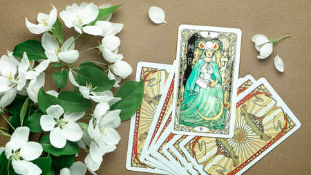 Blurred Tarot cards layout on witch table. Esoteric concept and astrology. high quality photoのeditorial素材