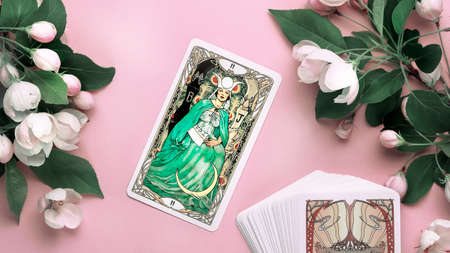 Blurred Tarot cards layout on witch table. Esoteric concept and astrology. high quality photo