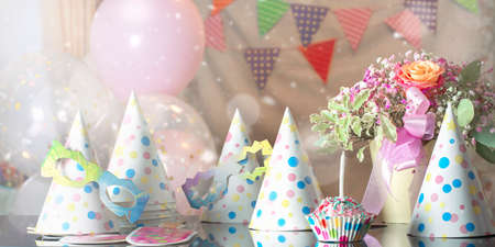 Blurred Kids birthday party at home. Many holiday caps polka dot for friends. family celebration....
