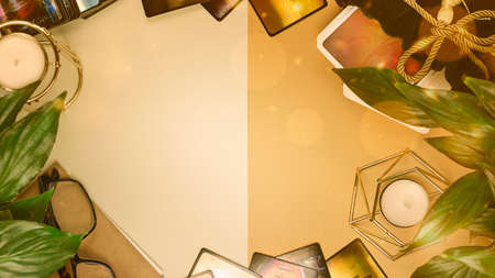 Ritual with tarot cards or fortune telling with occult and esoteric symbols.の写真素材