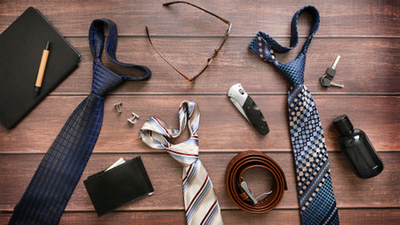 Mens necktie on Brown wooden background. Boss day, valentines dayの写真素材
