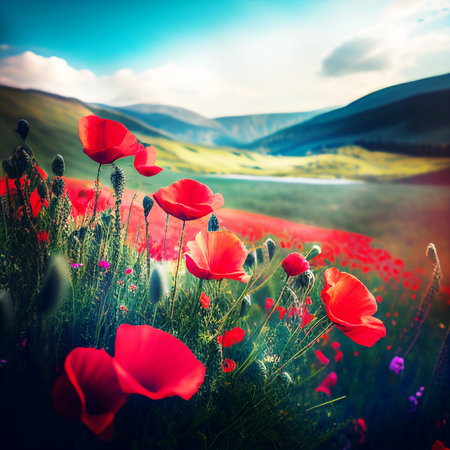 Beautiful red poppies on a green field in the mountains at sunset. Generative AIの素材