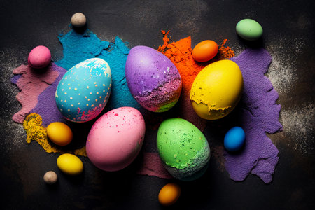 Colorful Easter eggs and confetti on dark background, top view. Generative AIの素材