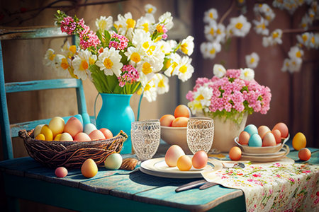 spring Table - coloful eggs, Blossoms In Sunny Garden.Generative AIの写真素材