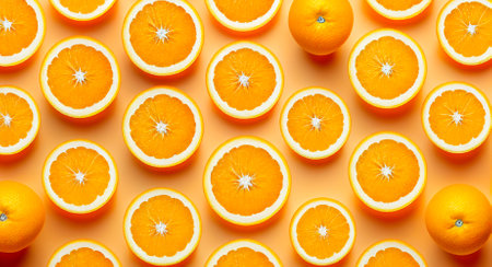 Orange fruit pattern on orange background. Flat lay, top view. Generative AIの素材