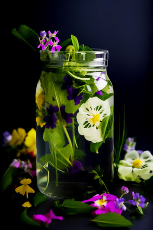 summer flowers in a glass jar on a dark background. selective focus. Generative AIの素材