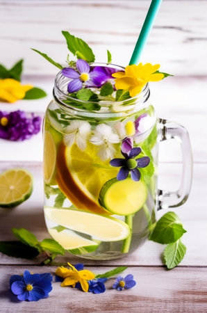 Detox water with lemon, lime and viola flowers. selective focus. Generative AIの素材