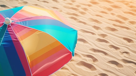 Colorful beach umbrella on the sand. Summer vacation concept. top view. Generative AIの素材