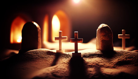 Halloween concept. Crosses in grave at cemetery. Generative AIの素材
